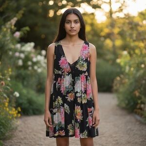 Maeve Floral Shift Mini Dress Black Floral Slip Scallop Hem Anthropologie Small